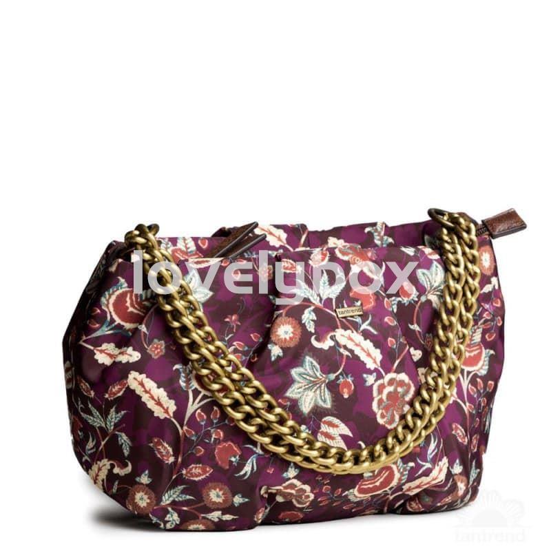 Bolso tipo canastita con asa de cadena y estampado de flores antik batik burdeos tantrend - Imagen 1